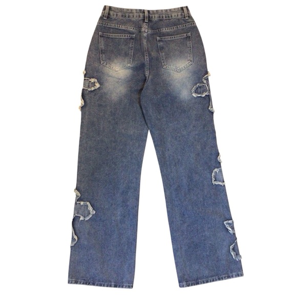 Romwe Women’s Jeans Size Small (4) High Waisted Wide Leg Distressed Cross Patch - Picture 5 of 8